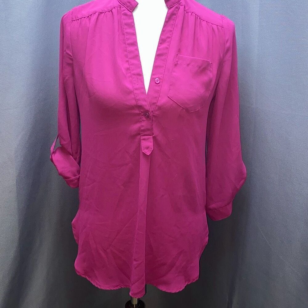 41 Hawthorn Maroon Red Cranberry tab 3/4 sleeve button up shirt top XS